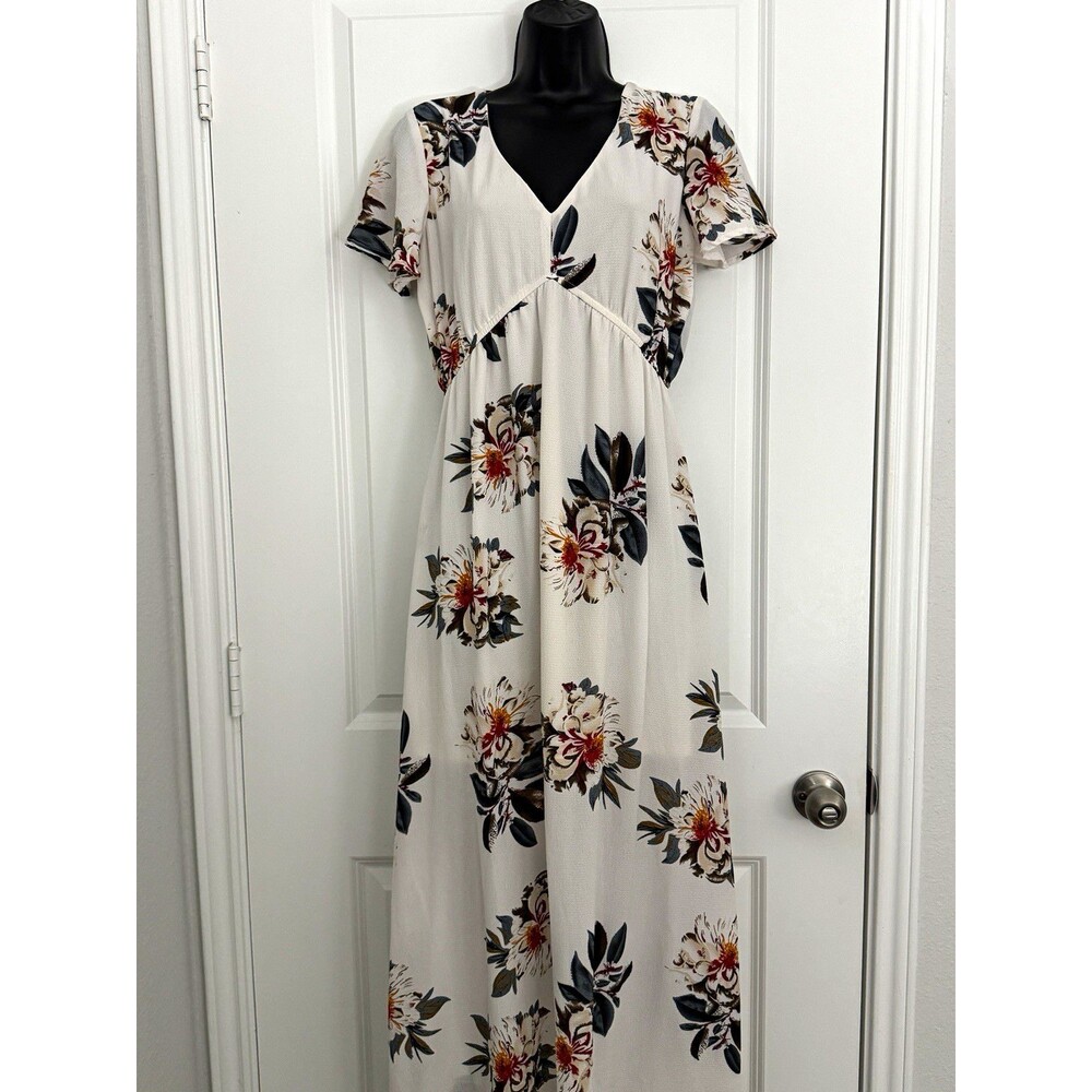 STACCATO Women’s S White/Multicolor Floral Print V-Neck Short Sleeve Maxi Dress